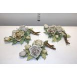 Three vintage Capodimonte wall hanging flower sculptures