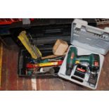 A toolbox and contents and a battery powered drill collection only
