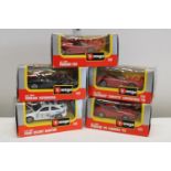 Five boxed Burago die-cast models