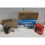 A boxed angle grinder & qty of soft closing hinges, panic horn , planer etc