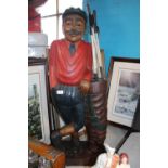 A large bespoke vintage carved wooden golfer figure. 1.2 meters. Collection only