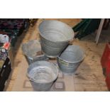 Four vintage galvanised buckets