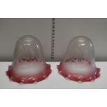 A pair of very large cranberry glass & etched shades