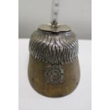 A mid 19th century horses hoof snuff moll with applied silver decoration (tests for silver) possibly