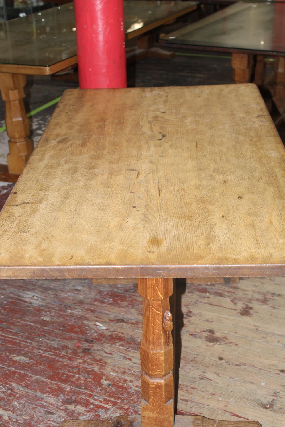 A vintage 1950's Robert 'Mouseman' Thompson of Kilburn oak refectory style dining table with added - Image 4 of 7