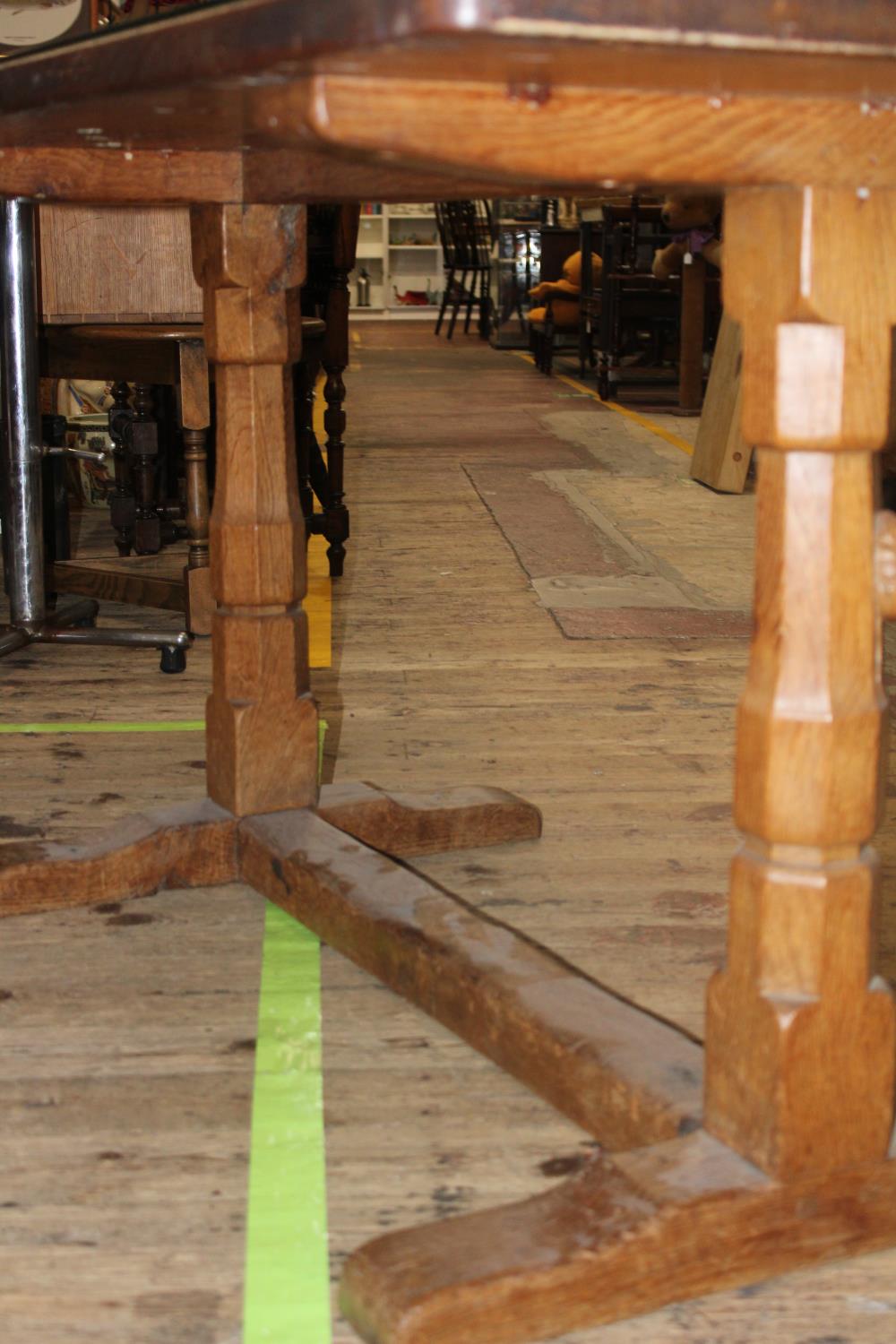 A vintage 1950's Robert 'Mouseman' Thompson of Kilburn oak refectory style dining table with added - Image 3 of 7