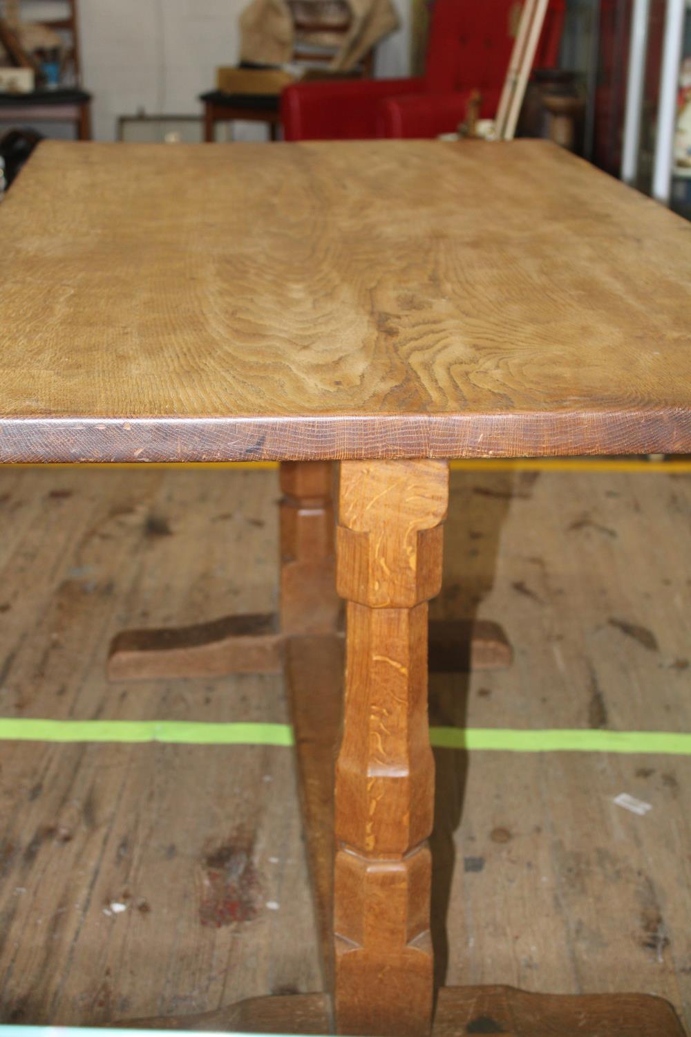 A vintage 1950's Robert 'Mouseman' Thompson of Kilburn oak refectory style dining table with added - Image 5 of 7