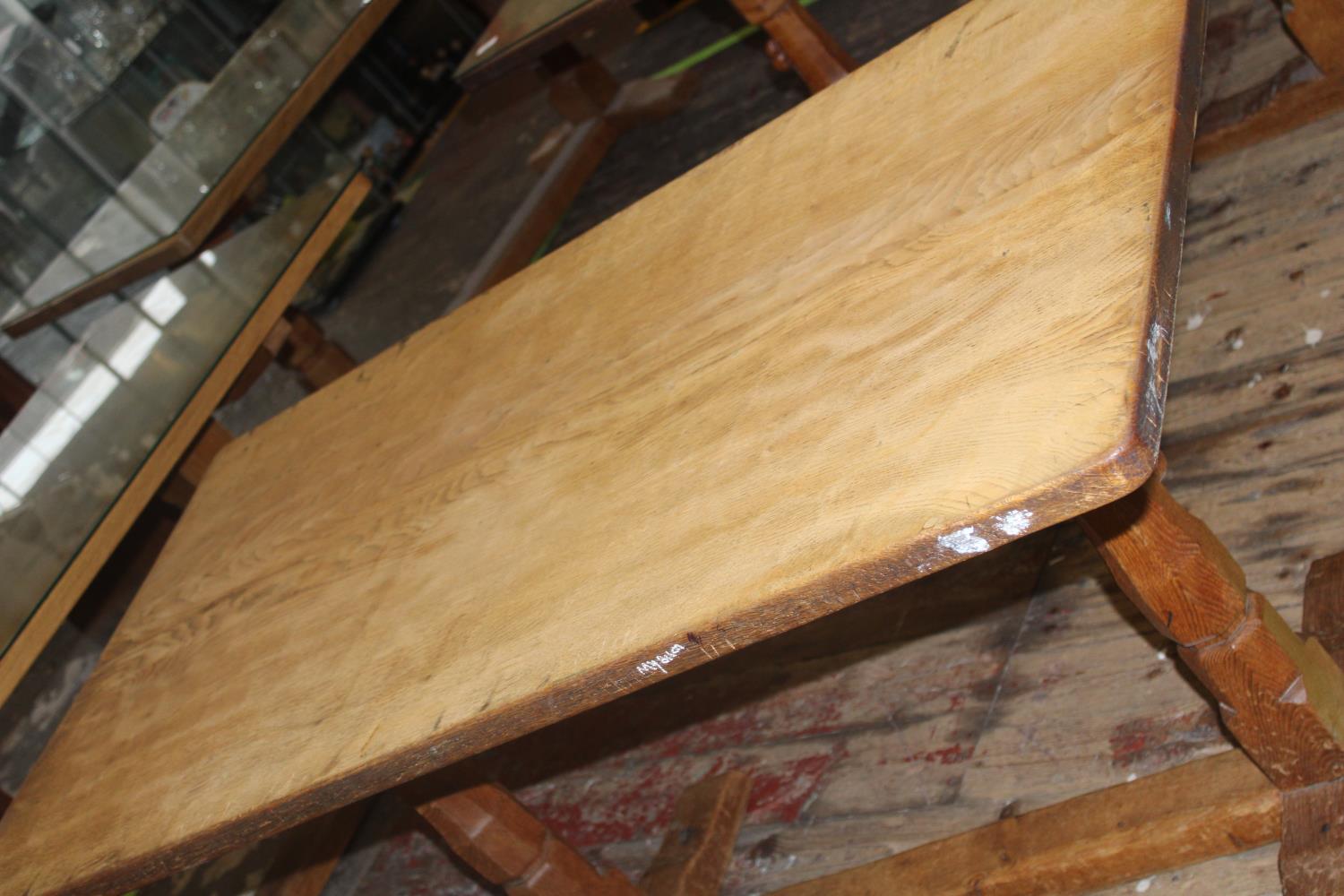 A vintage 1950's Robert 'Mouseman' Thompson of Kilburn oak refectory style dining table with added - Image 4 of 7