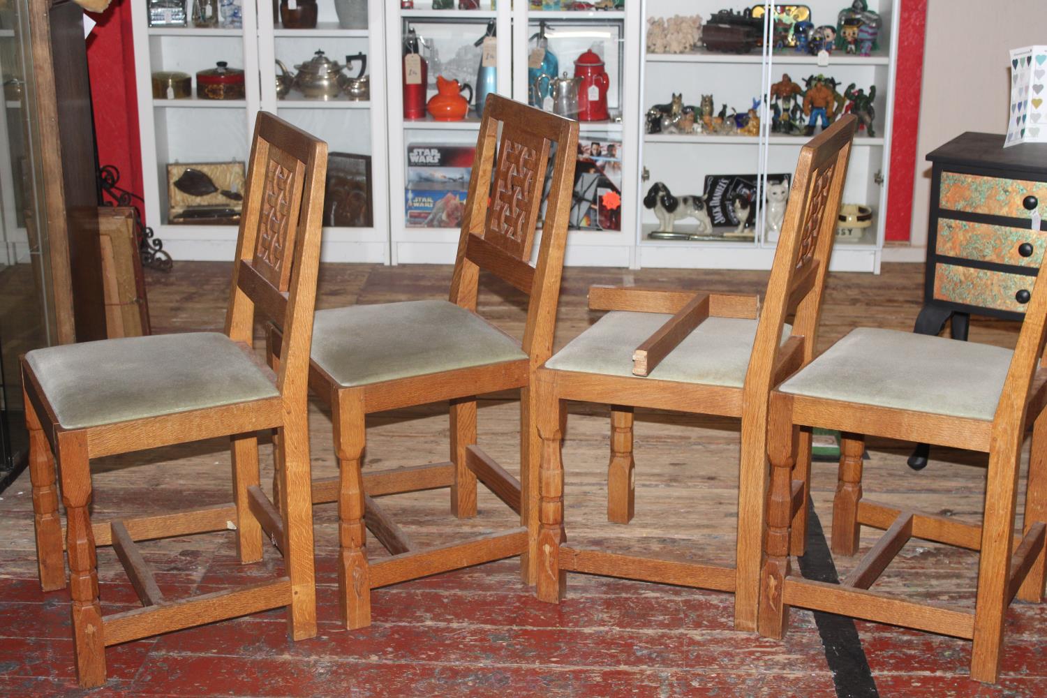 Four vintage Derek 'Lizardman' Slater oak dining chairs with lattice work backs. All with a carved - Image 7 of 8