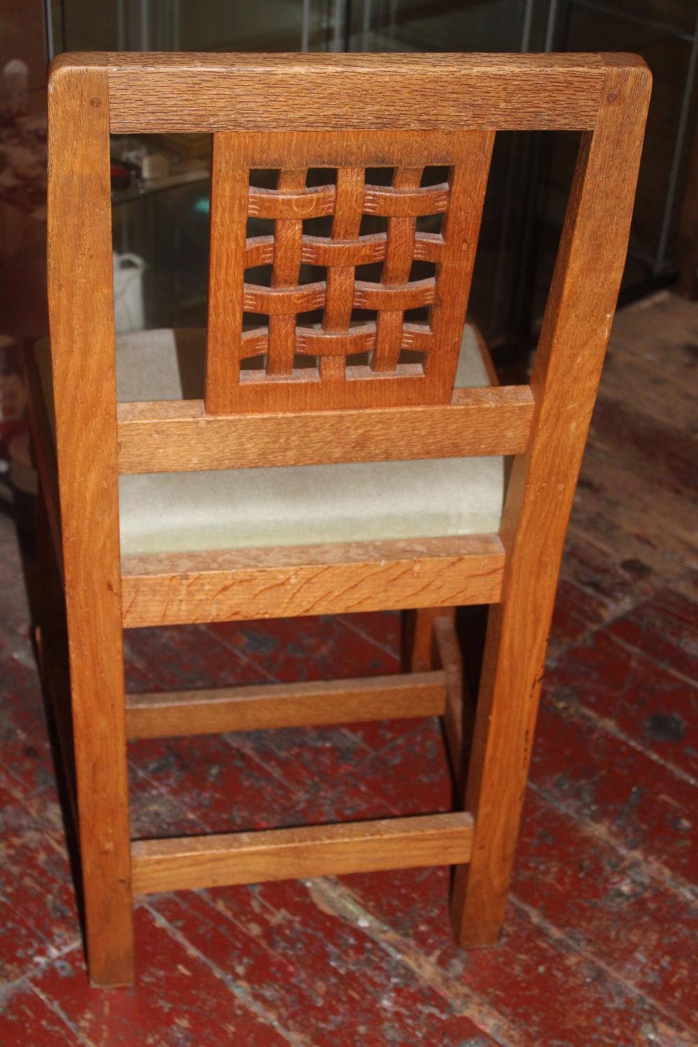 Four vintage Derek 'Lizardman' Slater oak dining chairs with lattice work backs. All with a carved - Image 8 of 8