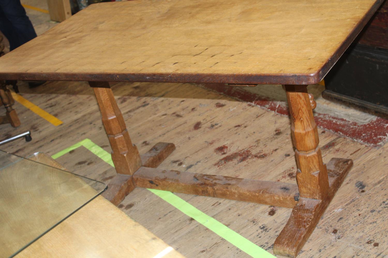 A vintage 1950's Robert 'Mouseman' Thompson of Kilburn oak refectory style dining table with added - Image 5 of 7