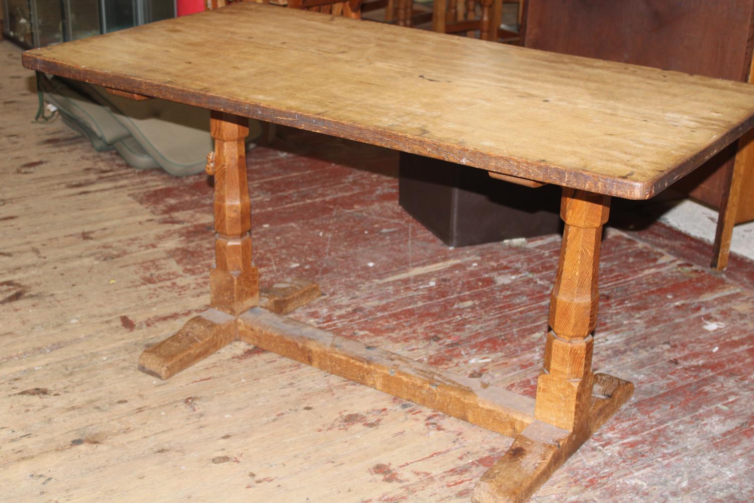 A vintage 1950's Robert 'Mouseman' Thompson of Kilburn oak refectory style dining table with added - Image 5 of 7