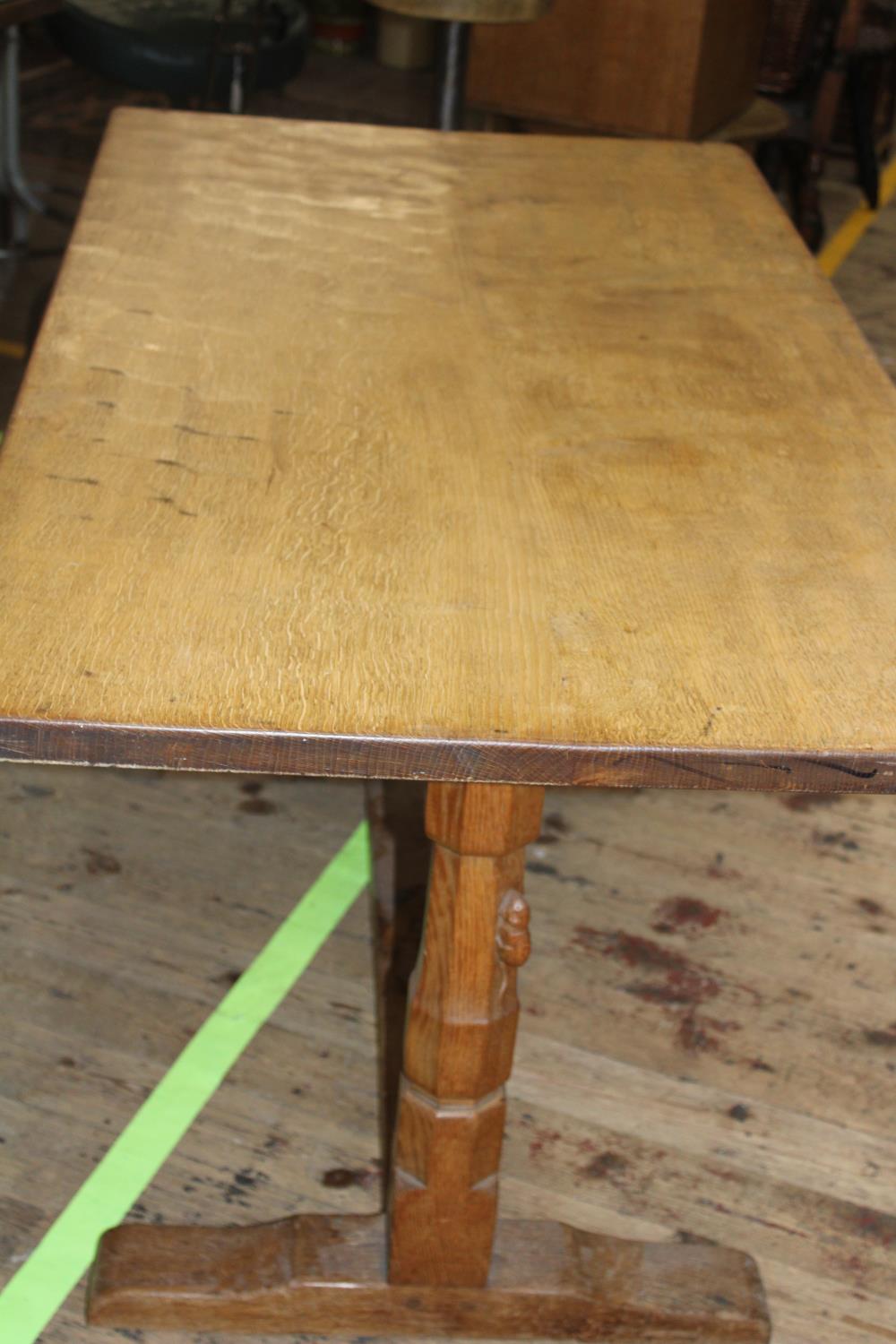 A vintage 1950's Robert 'Mouseman' Thompson of Kilburn oak refectory style dining table with added - Image 4 of 7