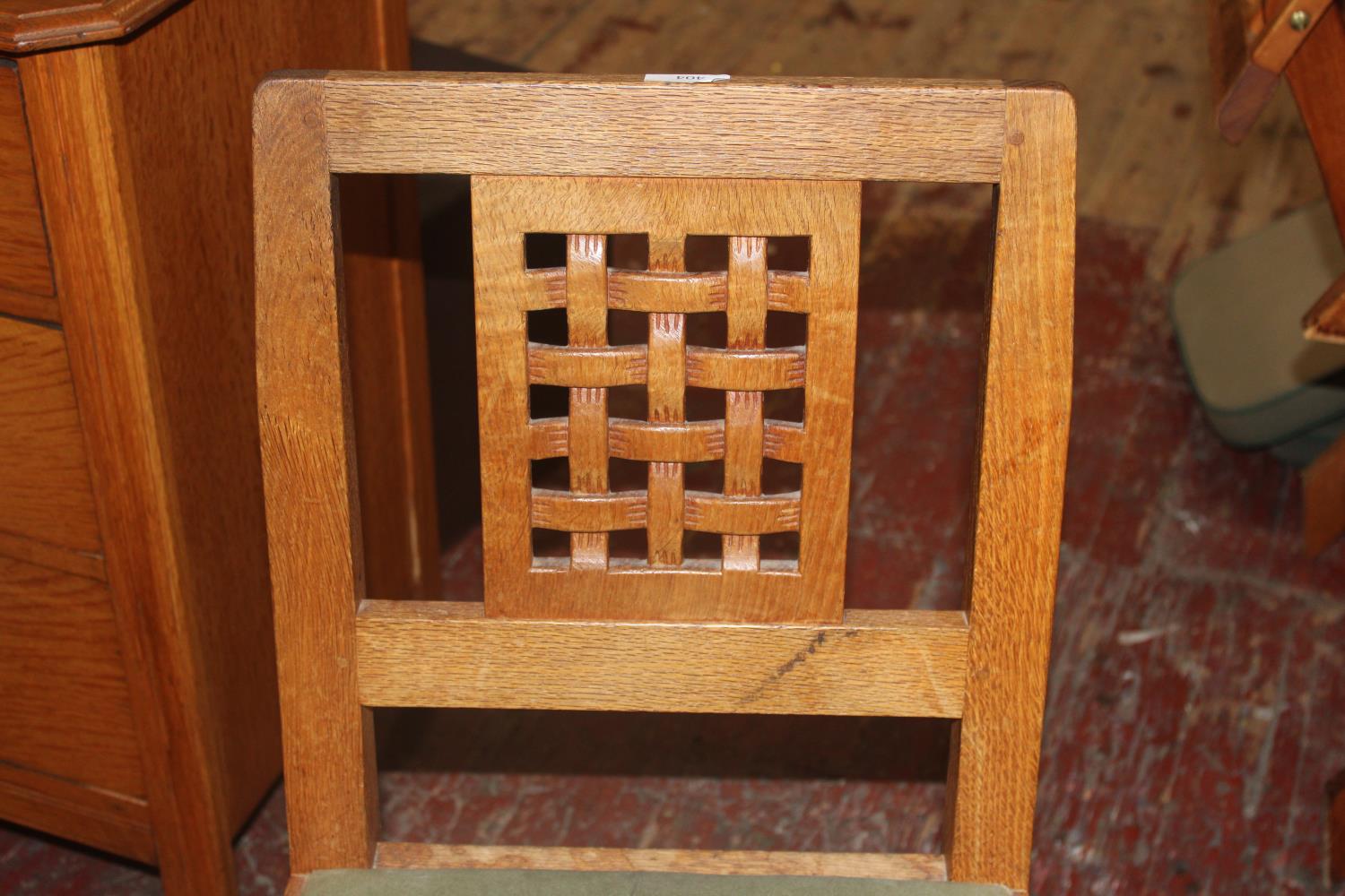 Four vintage Derek 'Lizardman' Slater oak dining chairs with lattice work backs. All with a carved - Image 6 of 8