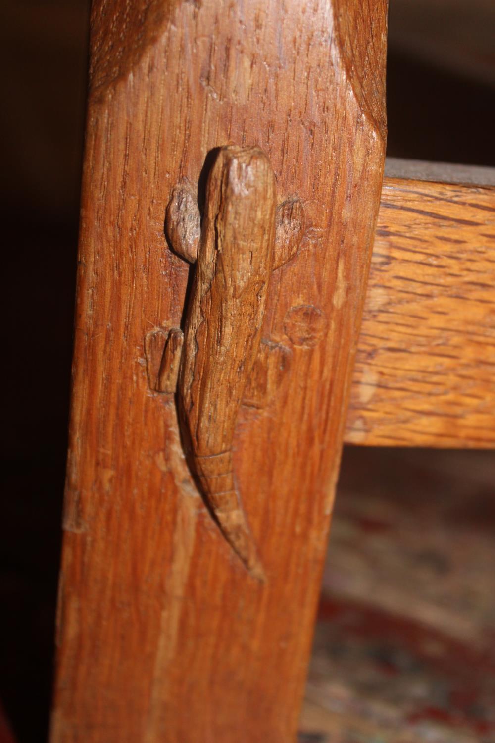 Four vintage Derek 'Lizardman' Slater oak dining chairs with lattice work backs. All with a carved - Image 4 of 8