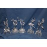 Five assorted glass dancing figurines