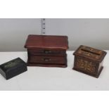 Three vintage wooden boxes including a Marquetry money box