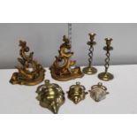 A selection of misc brass items & wooden sconces
