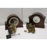 Two vintage wooden mantel clocks and box of clock parts. Postage unavailable