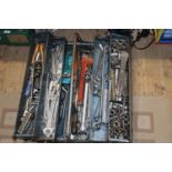 A vintage metal toolbox and contents. Postage unavailable