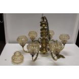 A vintage mid-century heavy brass ceiling light and shades. Postage unavailable