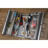 A vintage metal toolbox and contents. Collection only