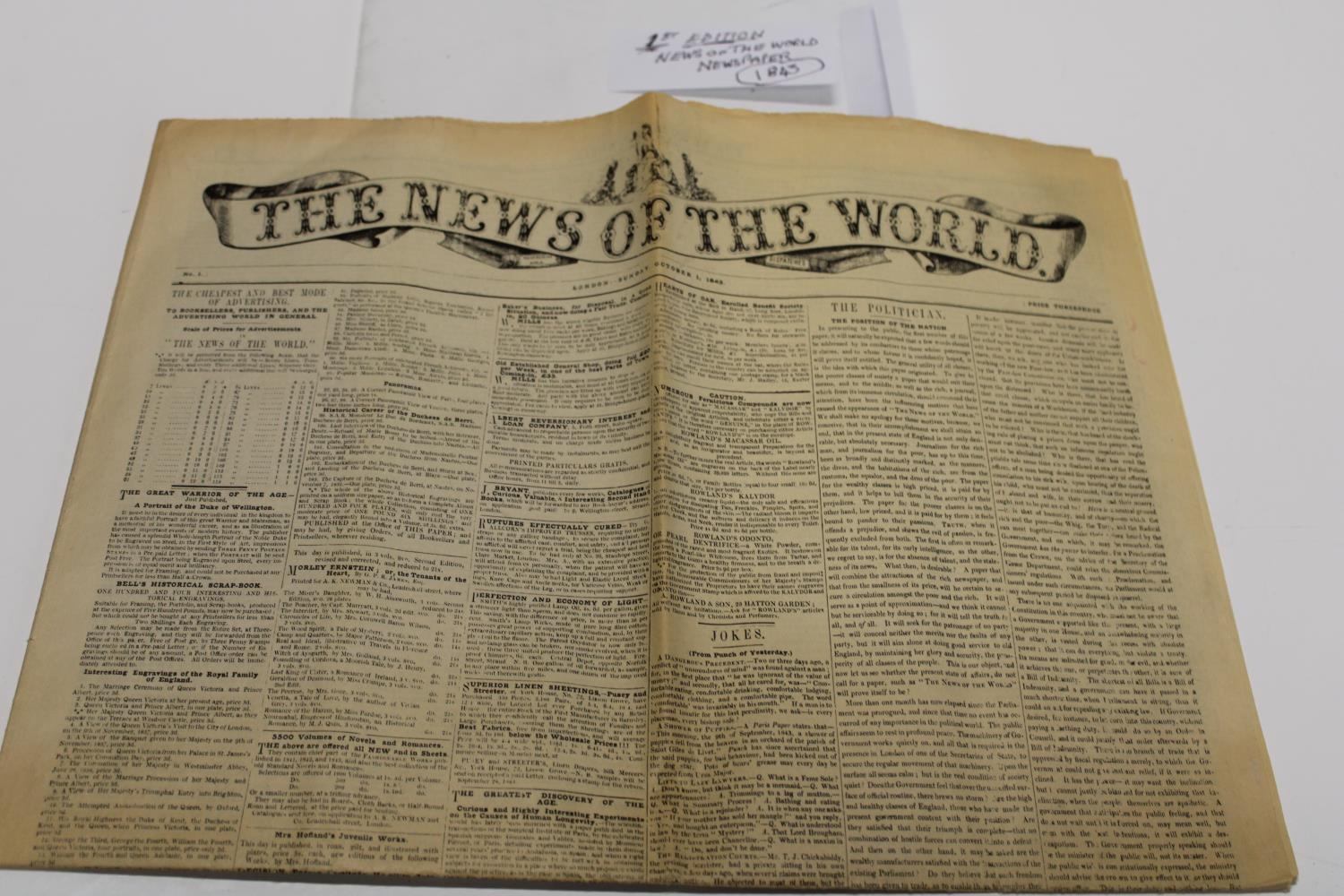 A first edition of The News of The world newspaper 1843