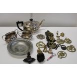 A job lot of silver plated and brass wares