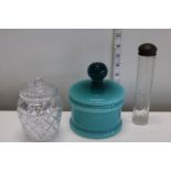 Three pieces of vintage glass ware, incl. a hat pin jar