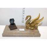 An Art Deco style marble based inkwell and pen holder