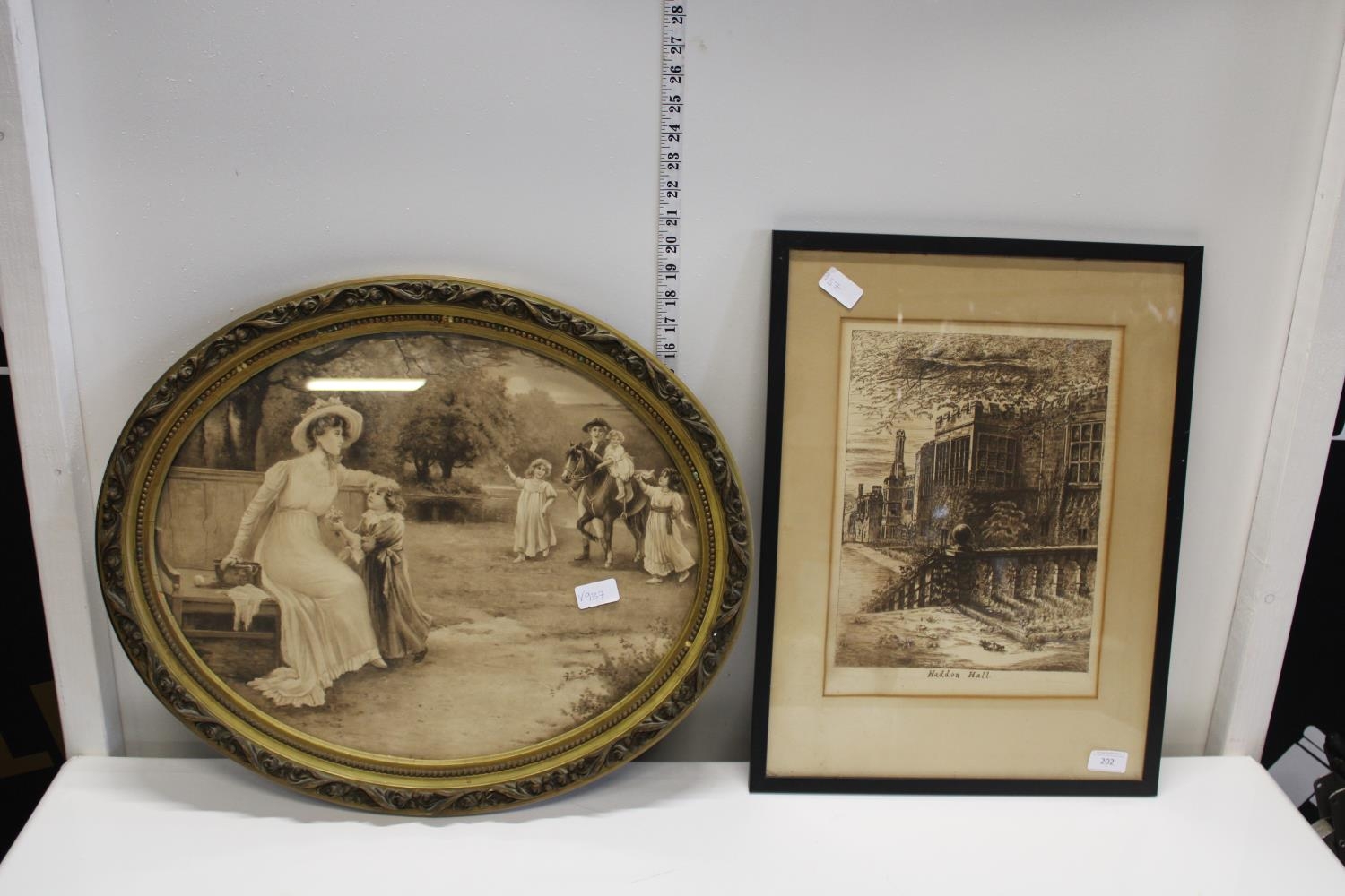 A antique lithographic print of Haddon Hall and one other print. Postage unavailable