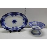 A antique blue and white meat plate and a Spode footed bowl