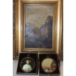 A framed oil o board and two boxed miniatures