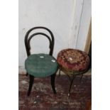 A vintage wooden chair and upholstered stools. postage unavailable