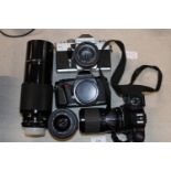 A Selection of assorted camera bodies and lenses including Pentax