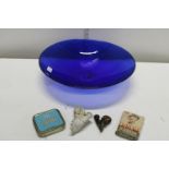 A very large blue glass centre piece and other collectables. Postage unavailable