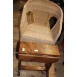 A vintage wicker chair and a small oak drop leaf table, postage unavailable