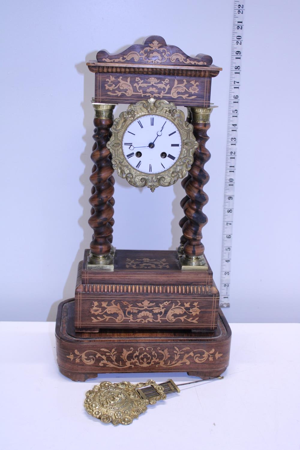 A French made mantle clock with boxwood inlay with stand (no key) a/f