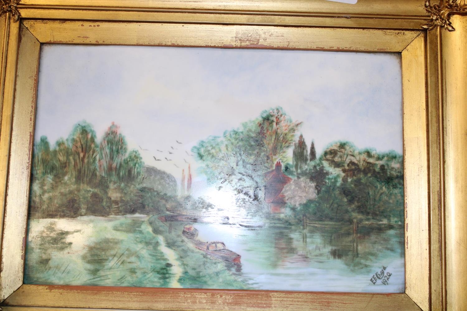 A hand painted porcelain plaque signed E E CHARD 1920, Collection only