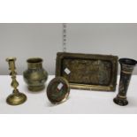A selection of vintage and antique brass and enamel ware
