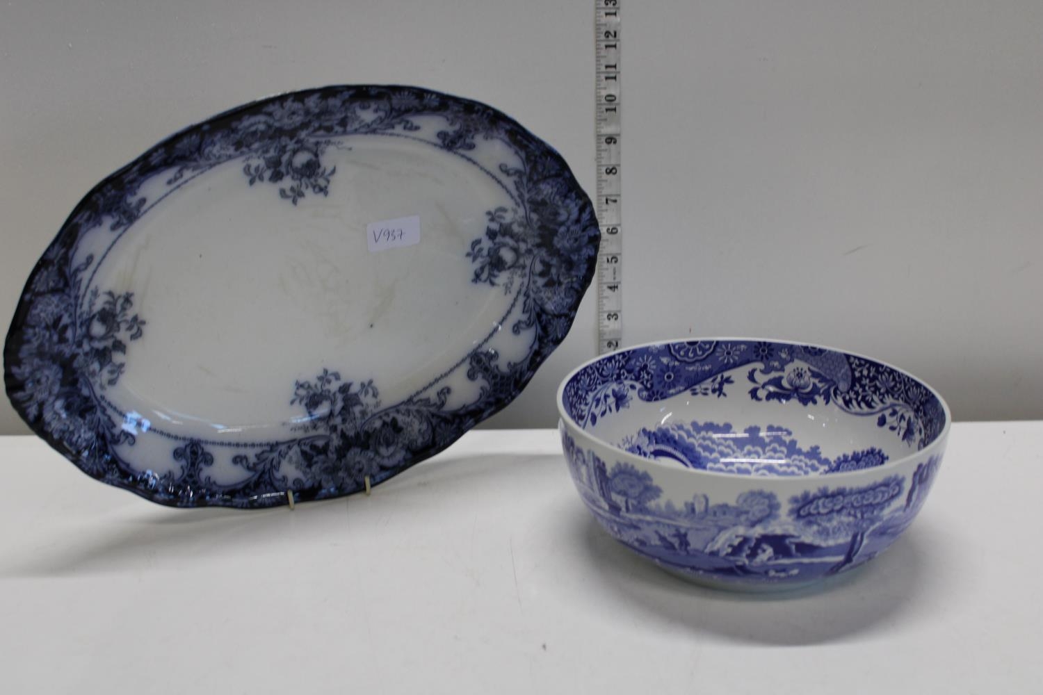 A Spode Italian pattern bowl and antique blue and white meat plate