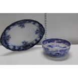 A Spode Italian pattern bowl and antique blue and white meat plate