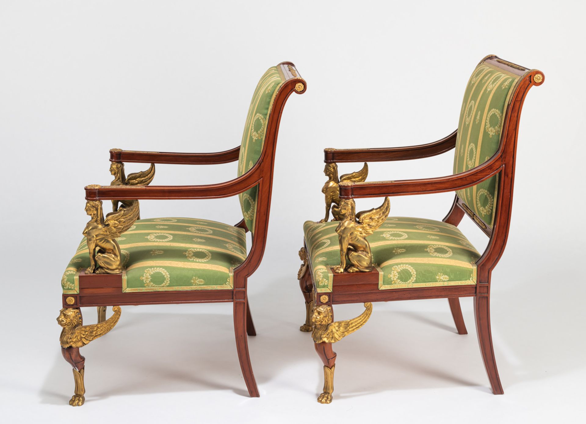 A PAIR OF NEOCLASSICAL ORMOLU MOUNTED MAHOGANY FAUTEUILS WITH SPHINX - Image 10 of 12
