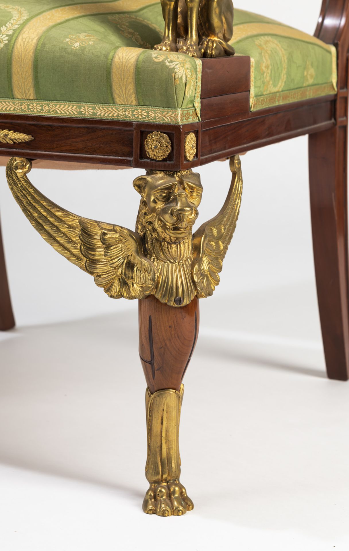 A PAIR OF NEOCLASSICAL ORMOLU MOUNTED MAHOGANY FAUTEUILS WITH SPHINX - Image 3 of 12