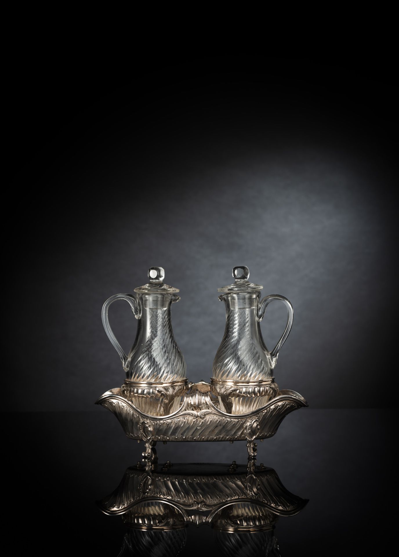 A FRENCH SILVER CRUET STAND FOR OIL AND VINEGAR
