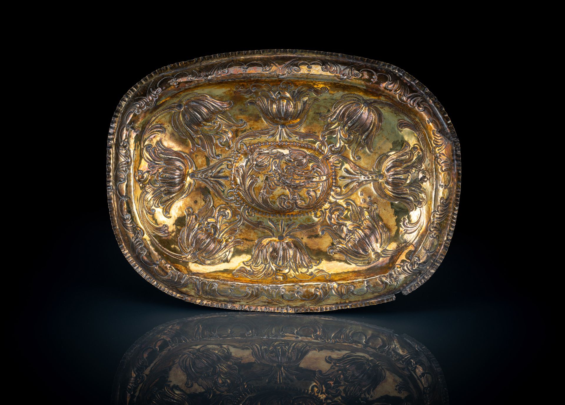 AN EMBOSSED SPANISH VERMEIL OVAL DISH