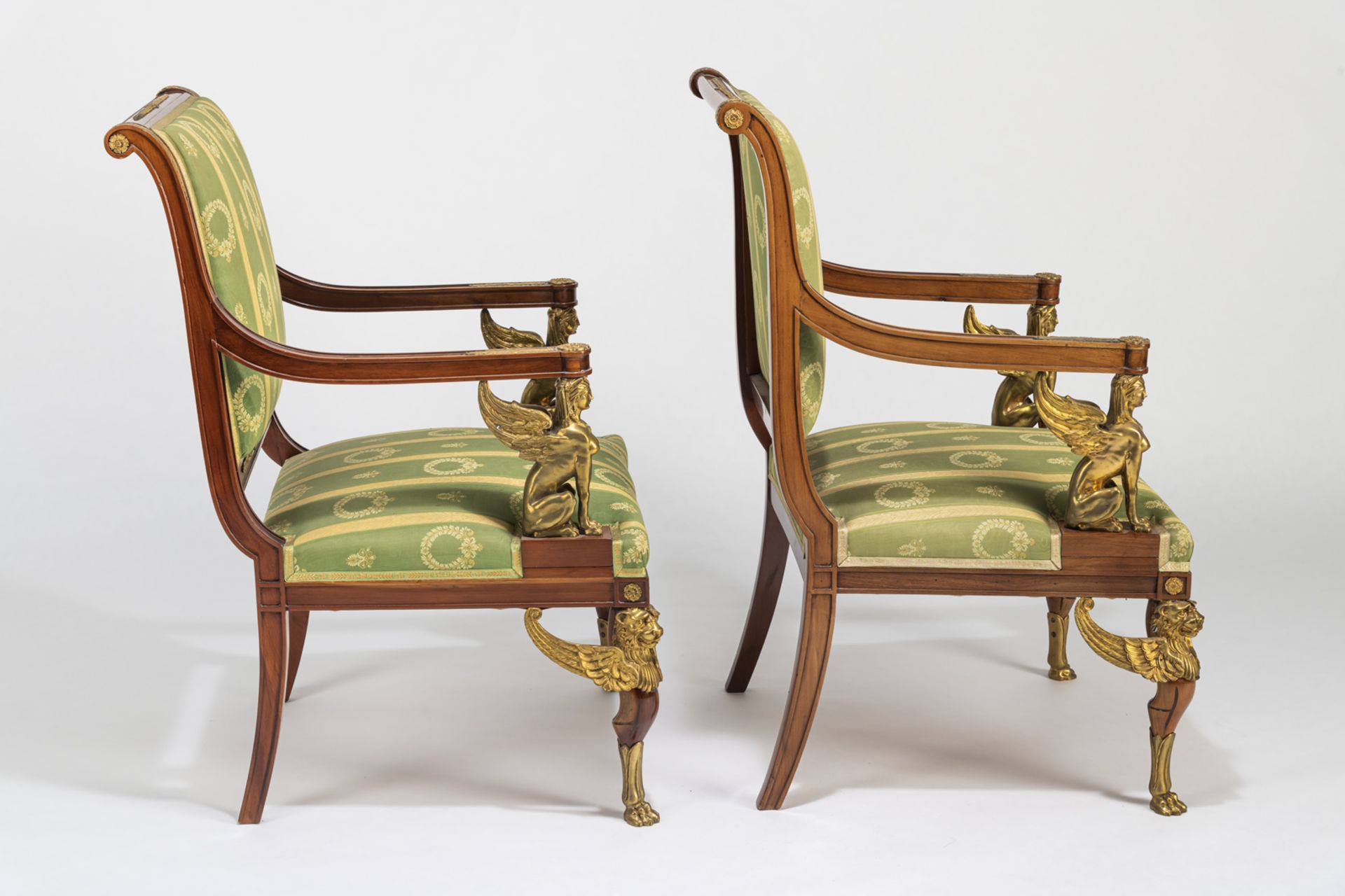 A PAIR OF NEOCLASSICAL ORMOLU MOUNTED MAHOGANY FAUTEUILS WITH SPHINX - Image 12 of 12