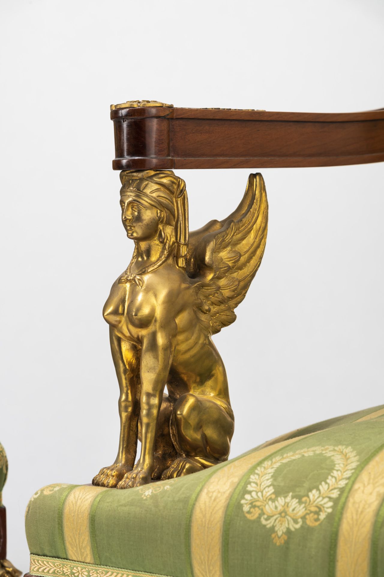 A PAIR OF NEOCLASSICAL ORMOLU MOUNTED MAHOGANY FAUTEUILS WITH SPHINX - Image 4 of 12