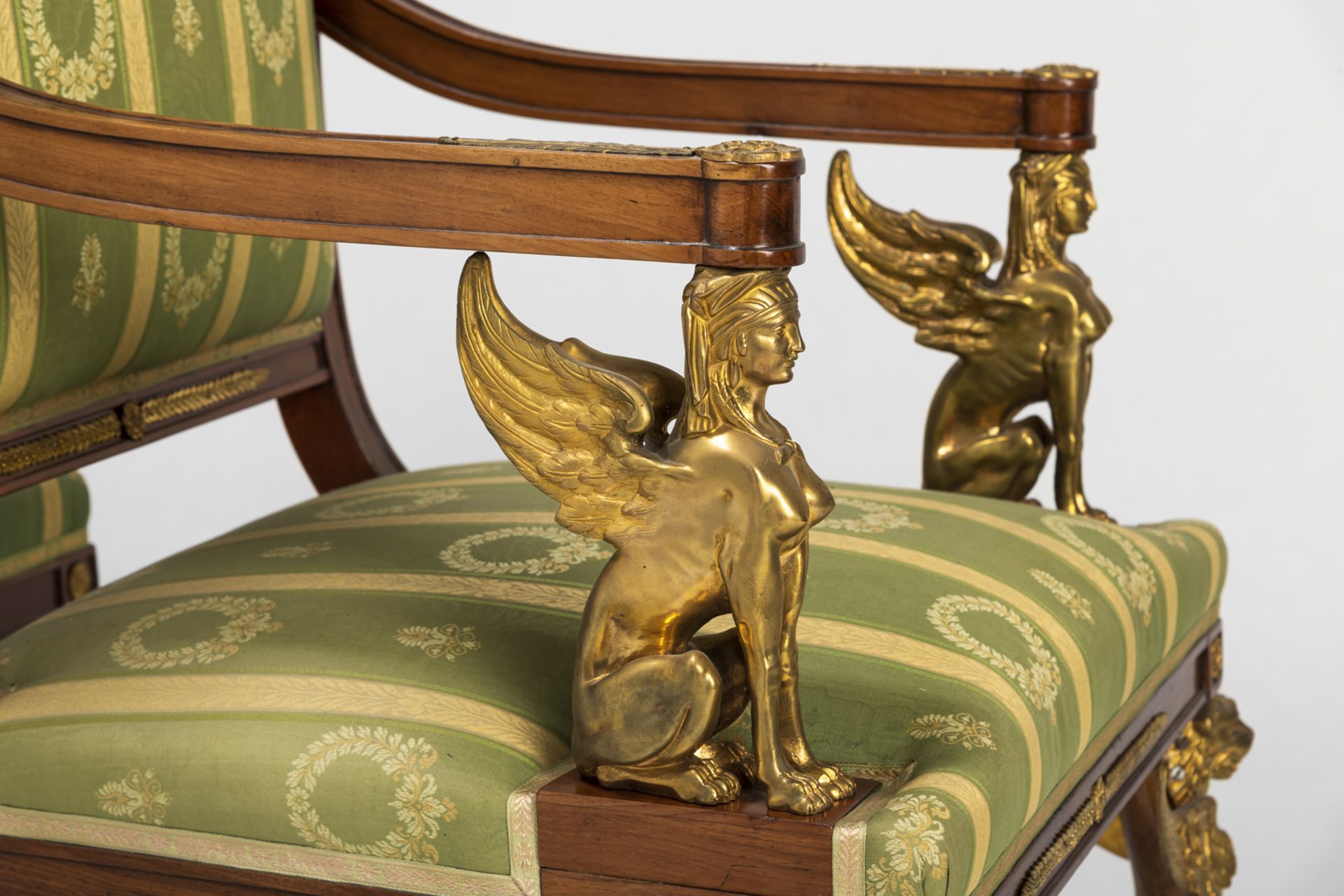 A PAIR OF NEOCLASSICAL ORMOLU MOUNTED MAHOGANY FAUTEUILS WITH SPHINX - Image 9 of 12