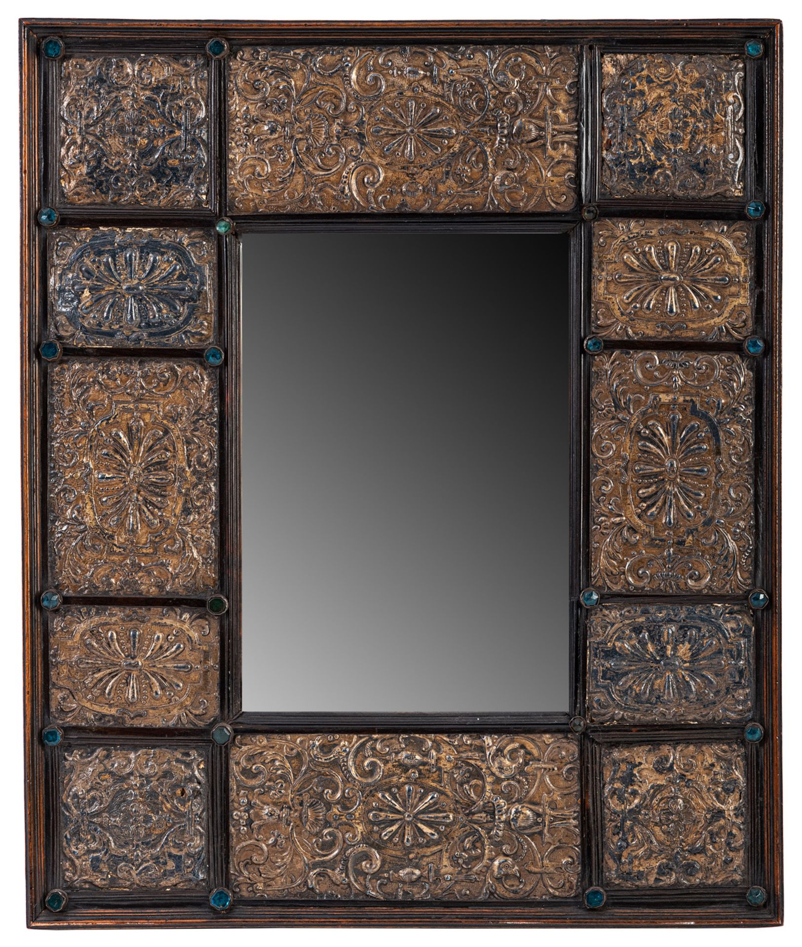 A RENAISSANCE STYLE GILT EMBOSSED BRASS MOUNTED MIRROR